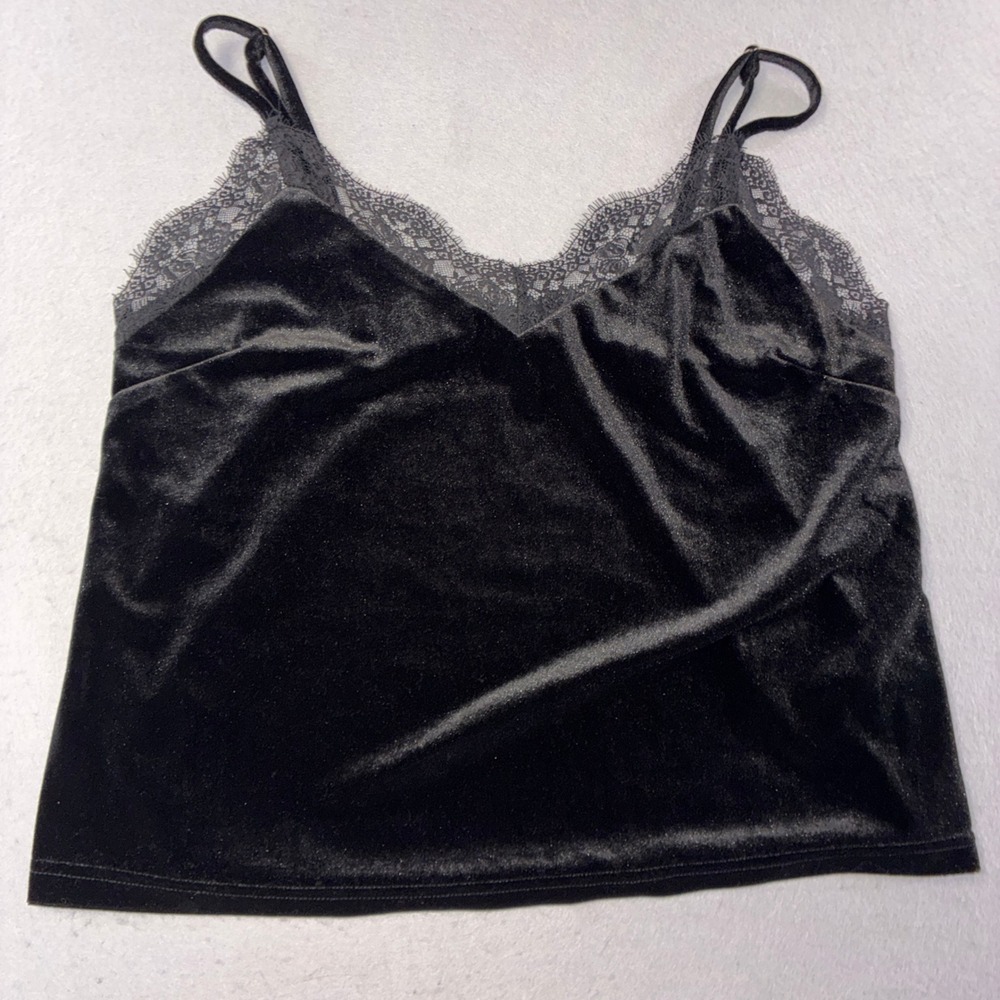 292 Forever 21 Cami Large Black Velvet Lace Trim Adjustable Straps Top
